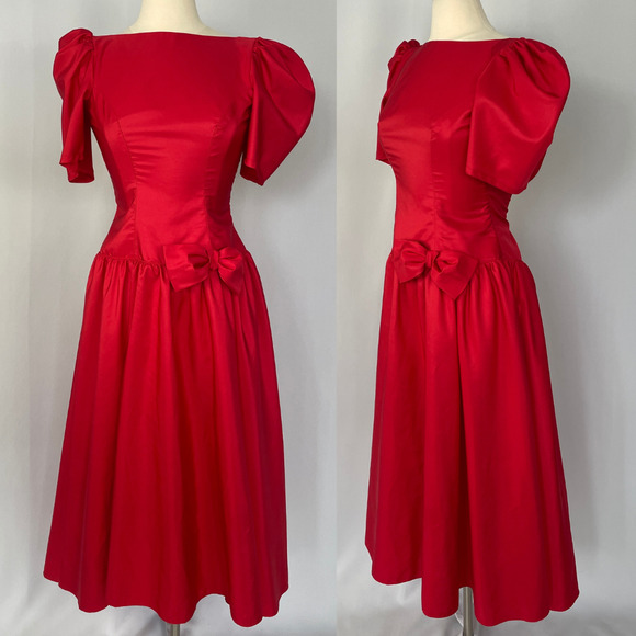 Vintage Dresses & Skirts - Vintage Formal Dress Size 8 Red Puff Sleeve A Line Bow Prom Romantic 80s 90s